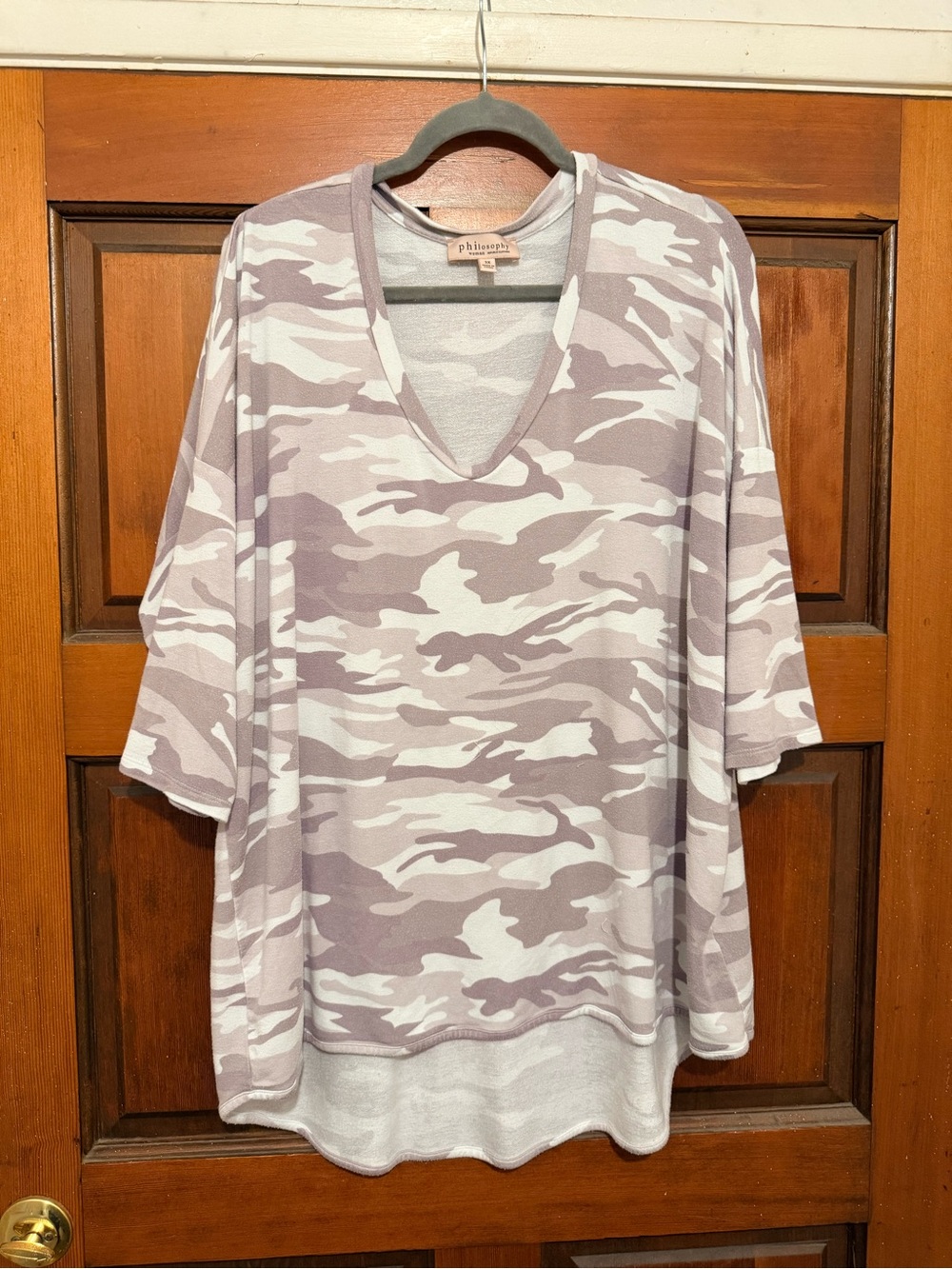 Philosophy Mauve, Grey, & White Camo V-Neck Tunic
